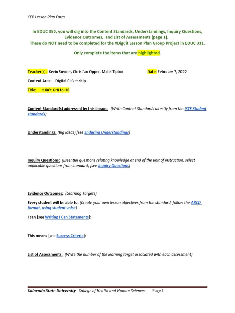 Digital Citizenship Lesson Plan PDF