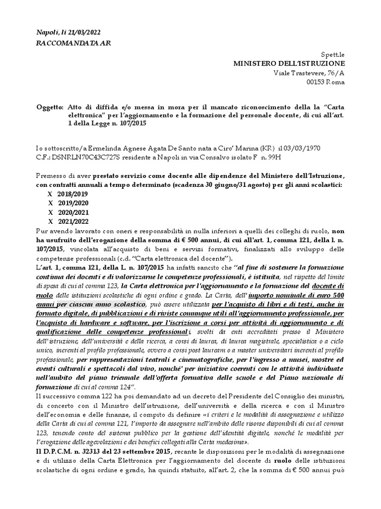 Diffida Messa In Mora CARTA DOCENTI 2022 1 1 PDF