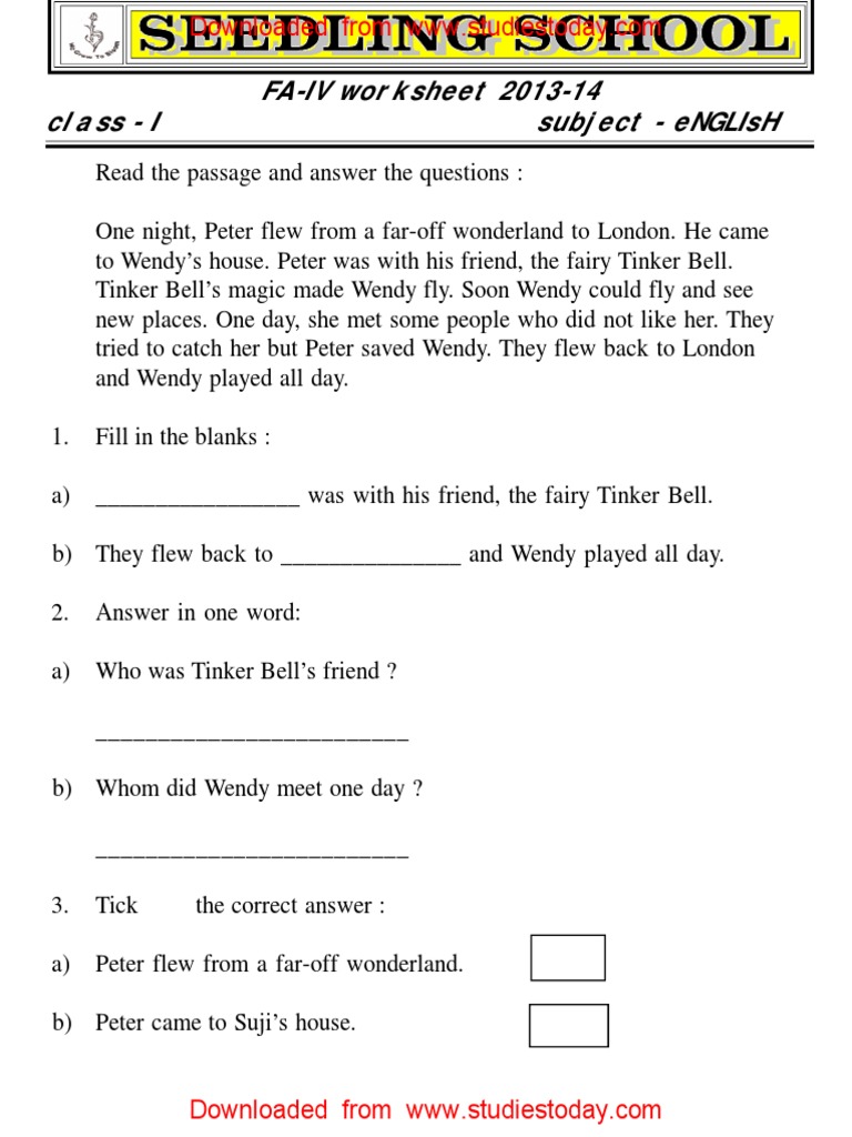 CBSE Class 1 English Worksheets PDF