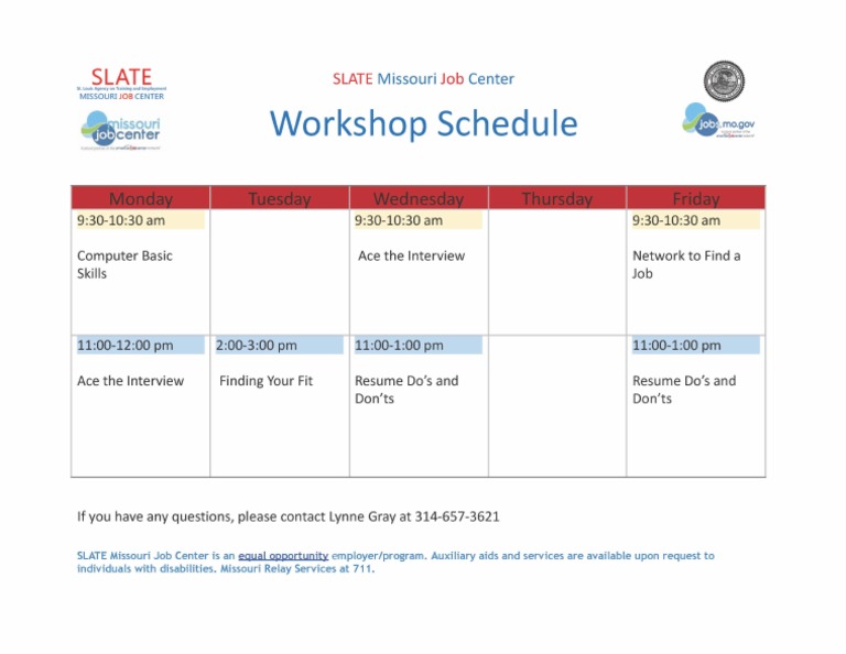 SLATE Missouri Job Center Schedule PDF
