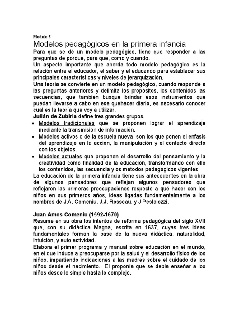 Modelos pedagógicos en la primera infancia | PDF | Aprendizaje ...