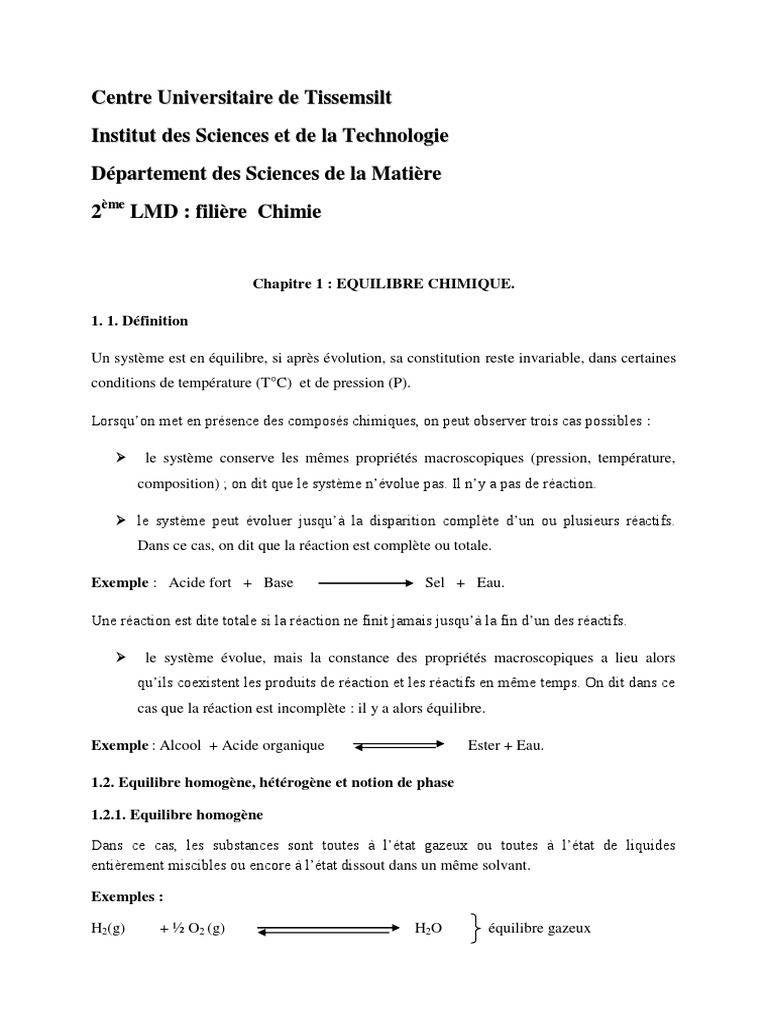 Chap 1 - Les Équilibre en Solution | PDF | Équilibre chimique | Phase ...