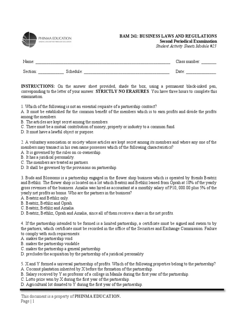 Bam 241 Business Laws and Regulations Second Periodical Examination PDF Corporations Stocks