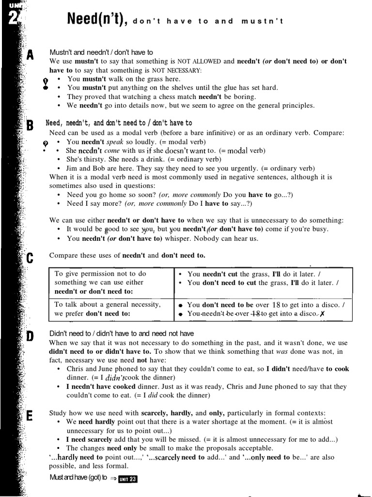 Neednt Vs Dont Need To English Advanced Grammar In Use Pdf Verb