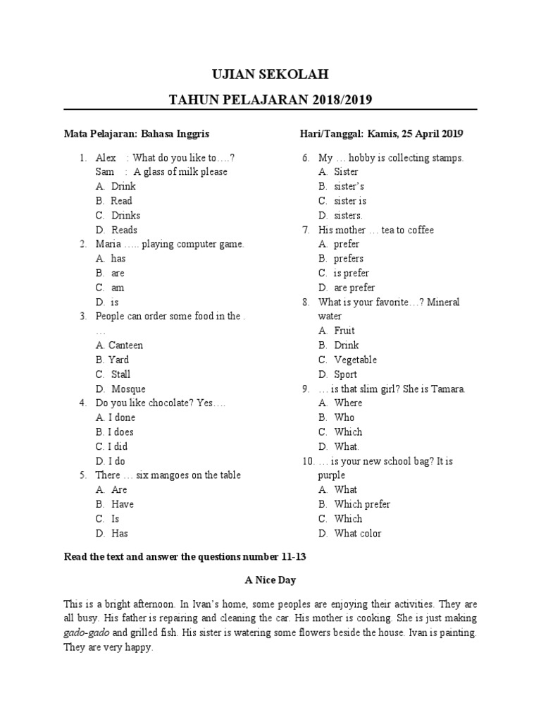 English Exam Questions Covering a Variety of Topics including Food