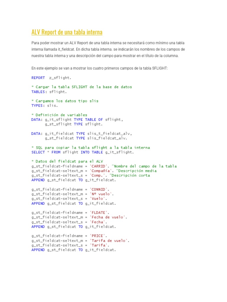 ALV Report con Tabla Interna en ABAP | PDF | Métodos y materiales de ...
