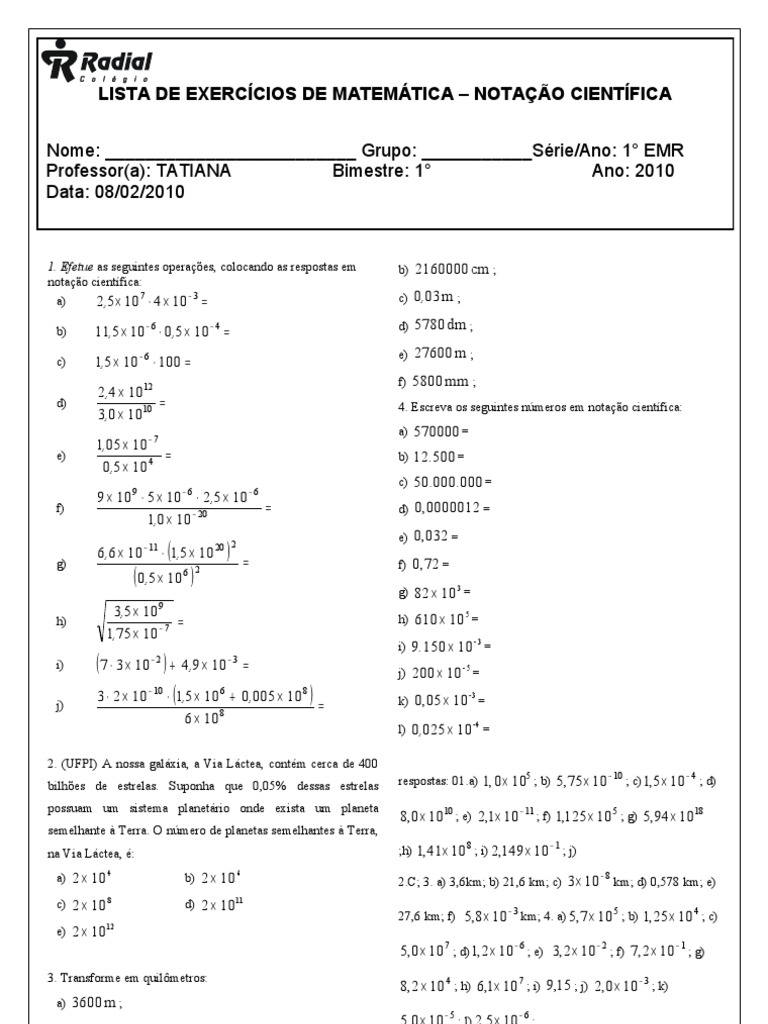 Exercicios de Notacao Cientifica2 | Astronomia | Ciência