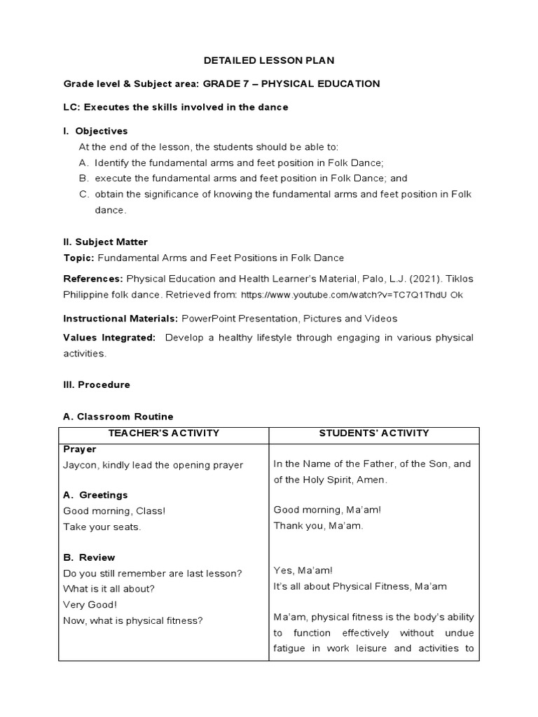 Detailed Lesson Plan | PDF | Physical Education | Dances