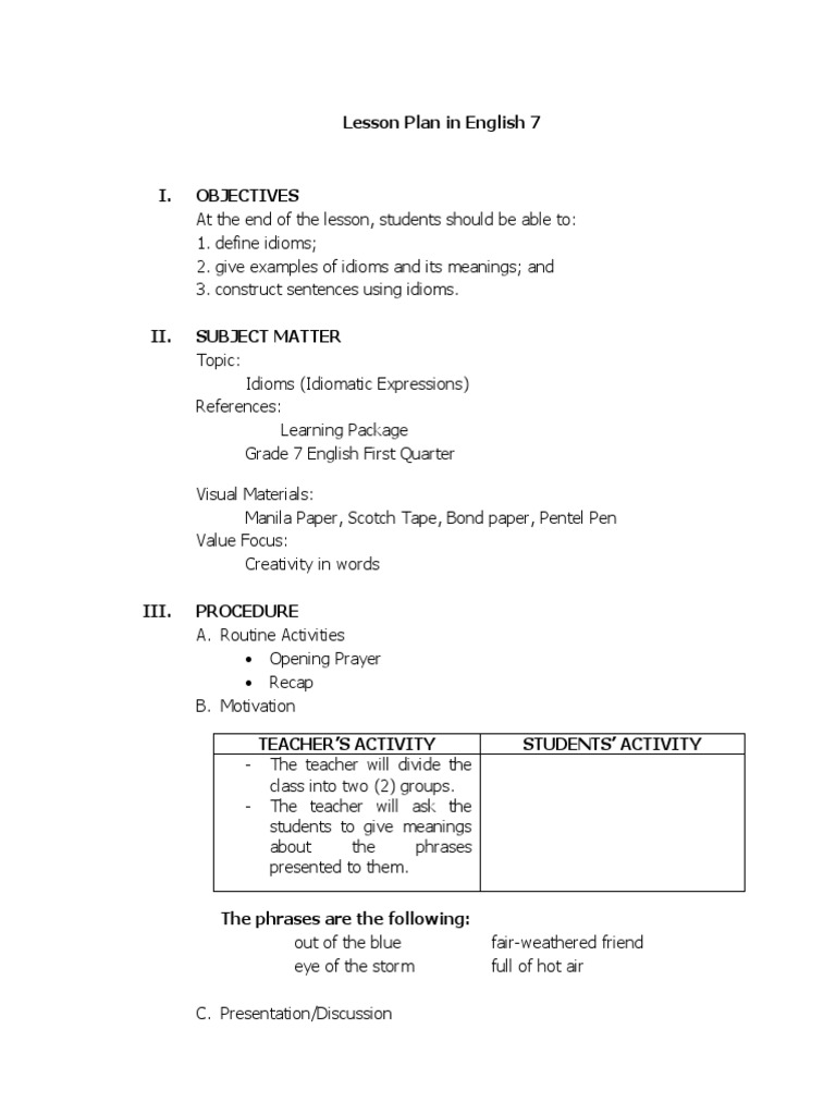 Idioms Lesson Plan for Grade 7 | PDF | Idiom | Phrase