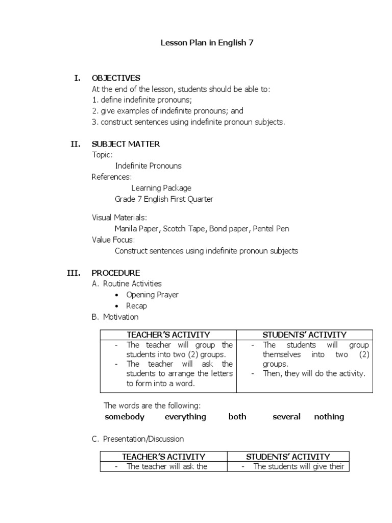 Lesson Plan - Indefinite Pronouns Aug 16 | PDF | Lesson Plan | English ...