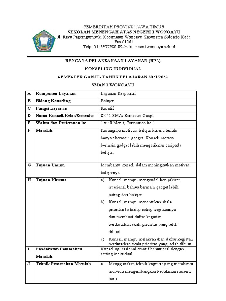 RPL Konseling Individu SMA 2021/2022 | PDF