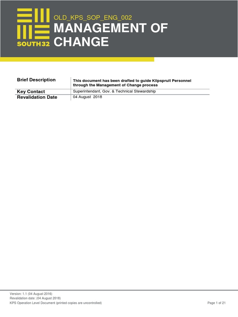 Klipspruit Change Management SOP | PDF | Risk | Risk Assessment