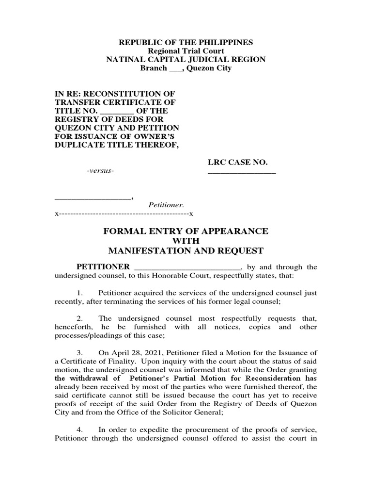 Entry of Appearance With Manifestation and Request PDF Judiciaries