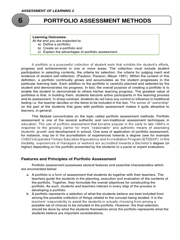 Portfolio Assessment Methods Learning PDF Educational