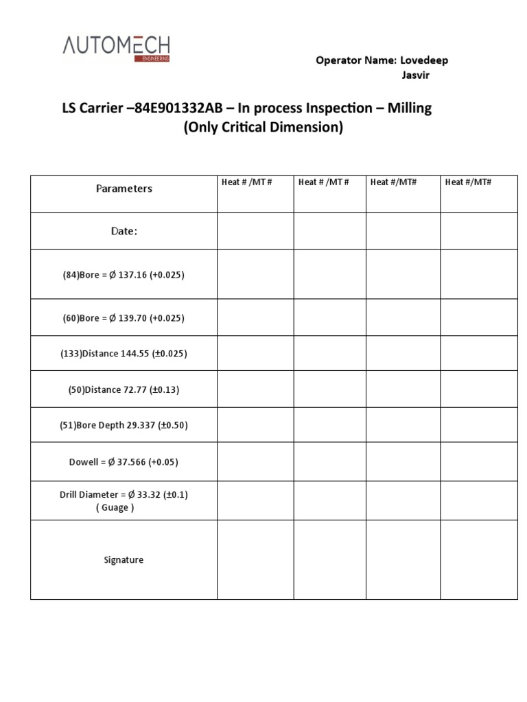 LS Carrier - Inprocess Inspection Format - HBM | PDF