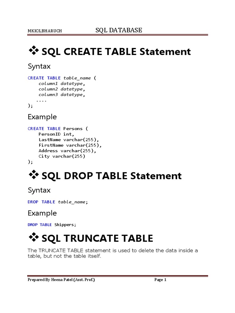 SQL Create Table Statement: Syntax | PDF | Table (Database) | Databases