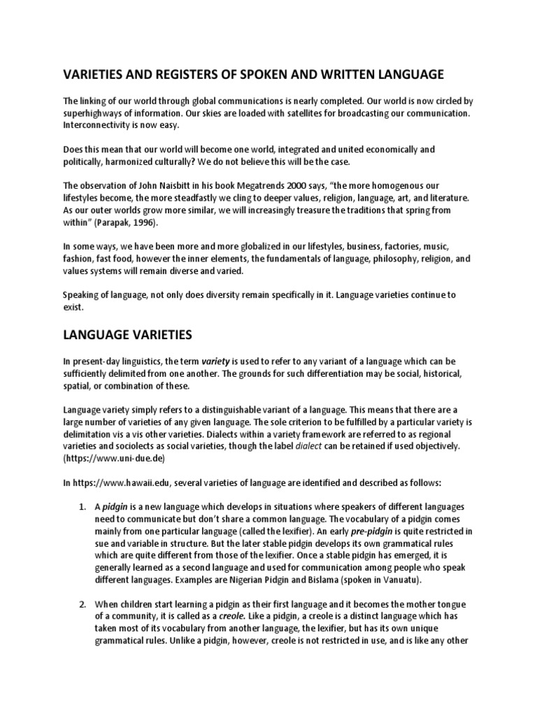 Varieties and Registers of Spoken and Written Language | PDF | English ...