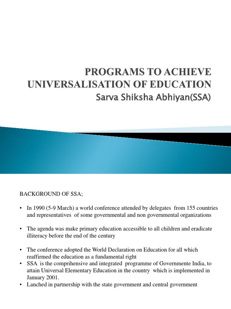 Prodrammes To Achieve Universalisation of Education-Ssa | PDF | Social ...