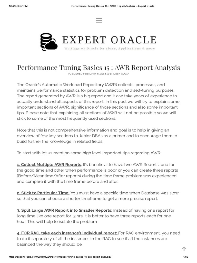 Performance Tuning Basics 15 AWR Report Analysis Expert Oracle