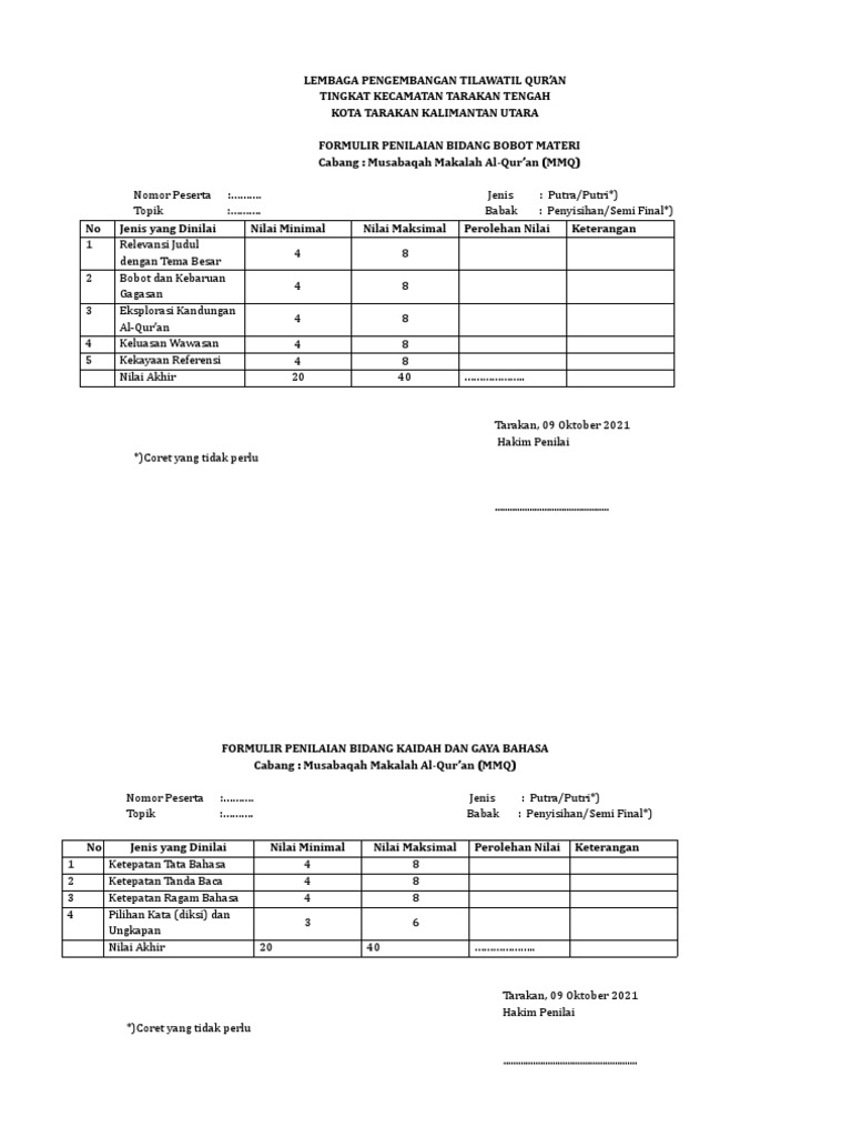 Form Penilaian MMQ | PDF