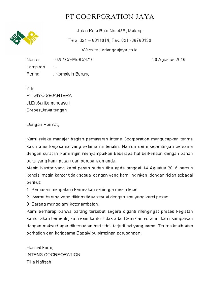 Contoh Surat Masuk Komplain Barang Pdf