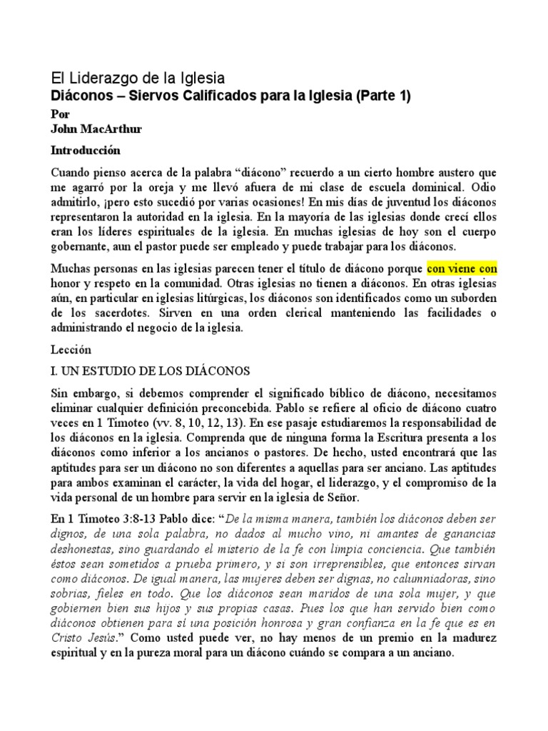 El Liderazgo de La Iglesia Diaconos Jhon MacArthur | PDF | Diácono ...