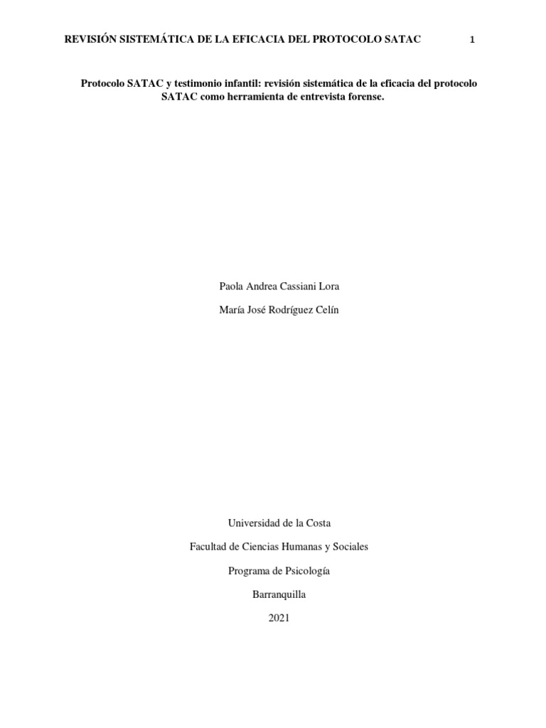 Protocolo SATAC Y Testimonio Infantil Revisi n Sistem tica De La 