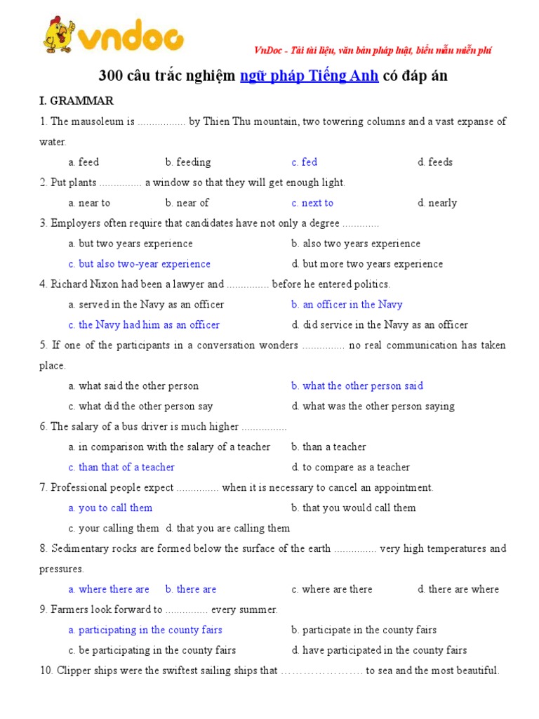 300 Cau Trac Nghiem Ngu Phap Tieng Anh Co Dap An | PDF