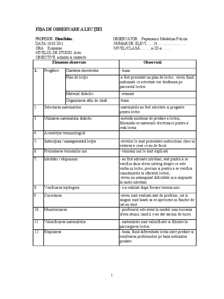Fisa De Observare A LecÅ£iei