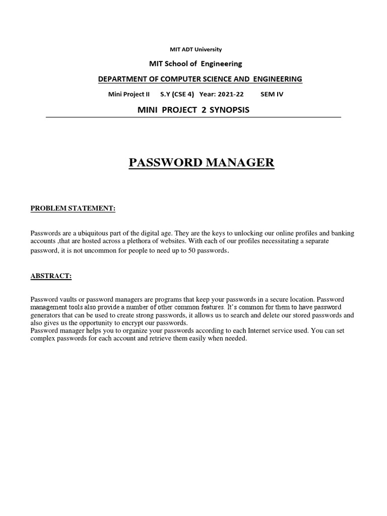 Password Manager Synopsis PDF Password Encryption