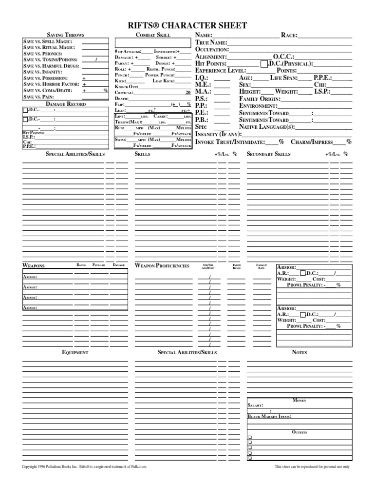 Rifts Character Sheet (F) | PDF | Leisure Activities | Tabletop Games