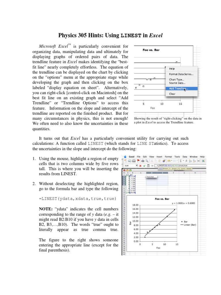 Physics 305 Hints Using LINEST in Excel PDF Microsoft Excel