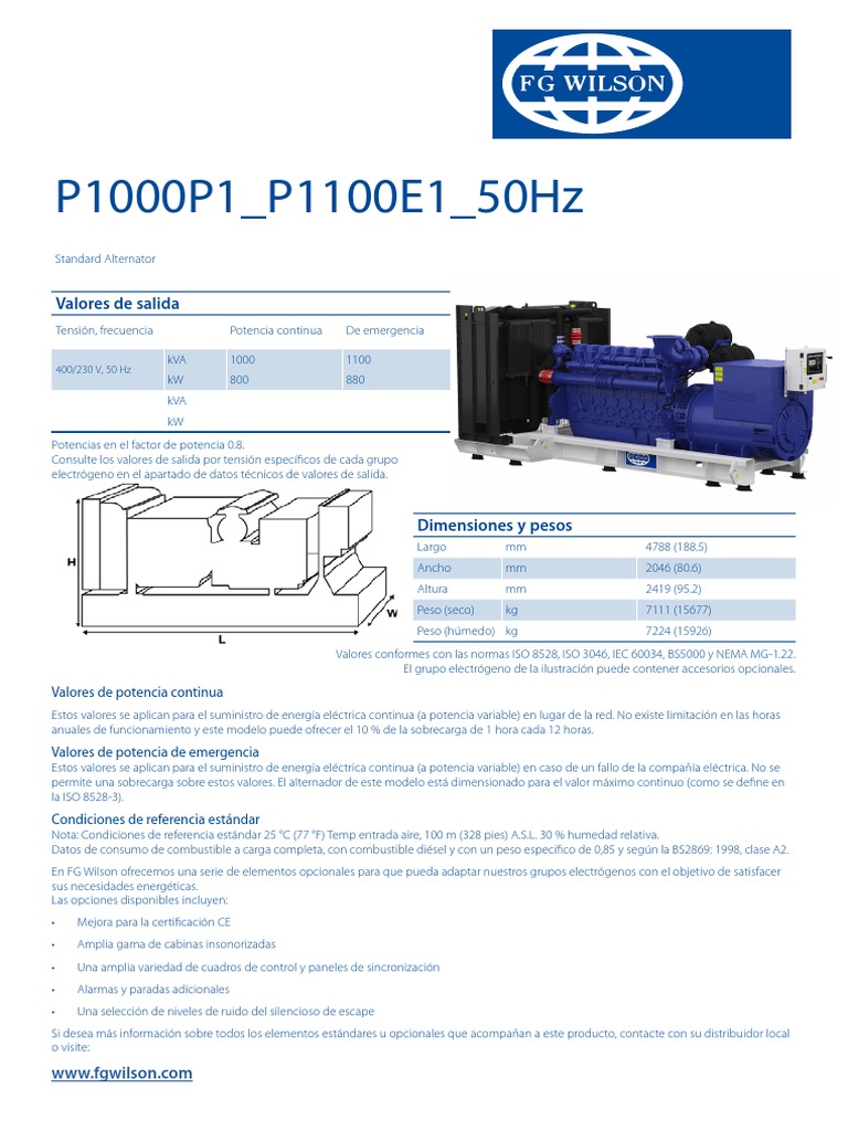Grupo Electrógeno FG Wilson 1000-1100 kVA | PDF | Energia electrica | Vatio