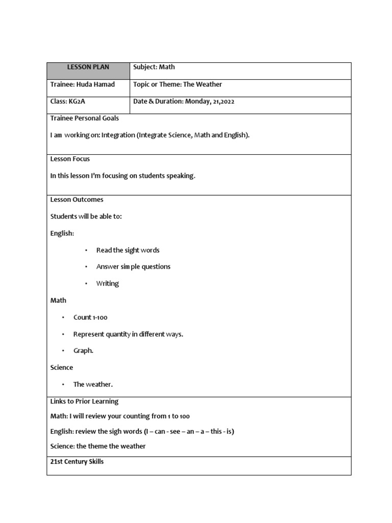 Lesson Plan For Kg2 First Term