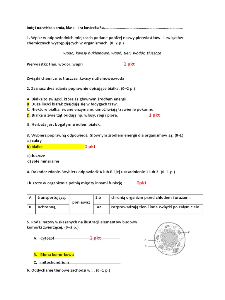Biologia Klasa 5 Sprawdzian Dział 2