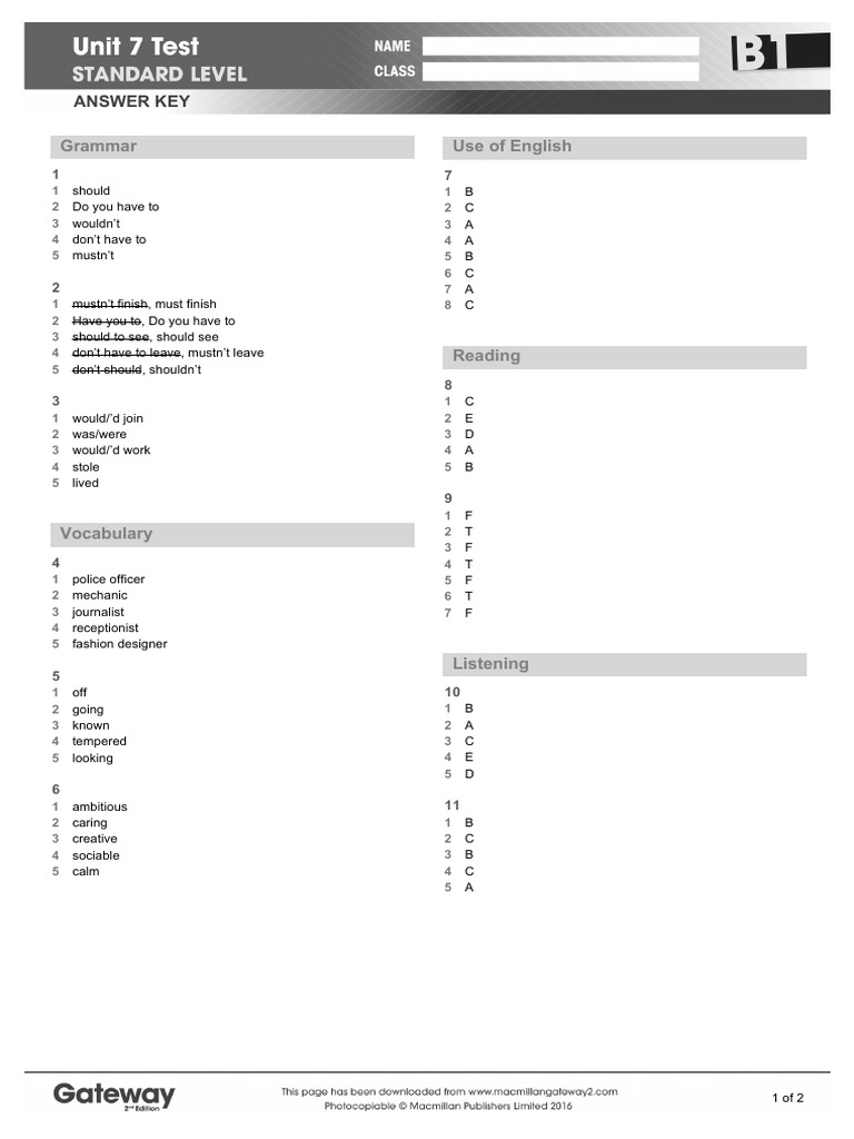 B1 Unit 7 Test Answer Key | PDF | Linguistics | Cognition