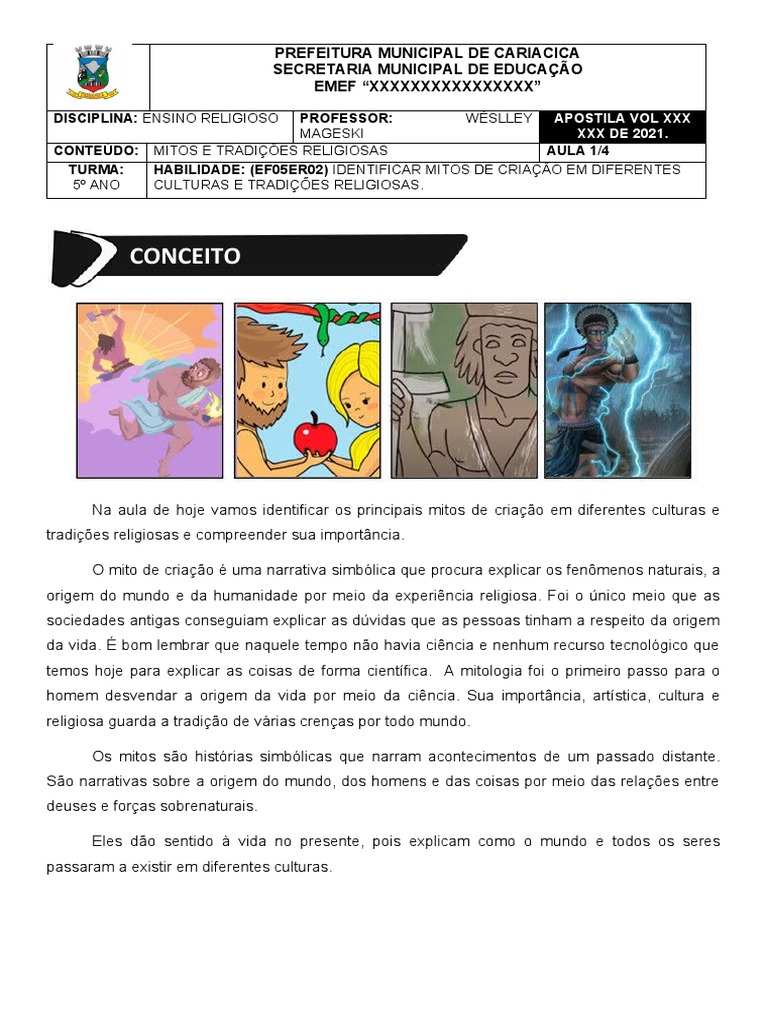 Mitos de Criação nas Religiões 5º Ano | PDF | Mitologia grega | Deus