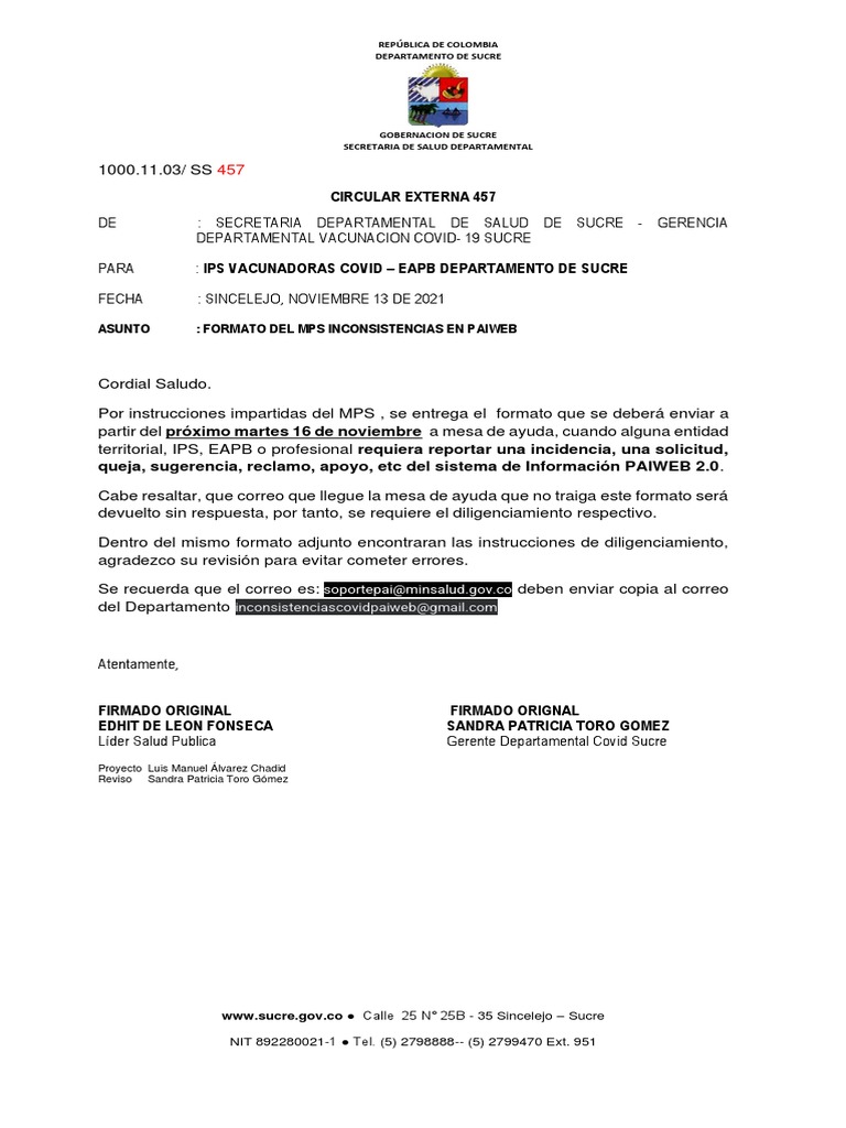 Circular 457 Formato Mps Paiweb Inconsistencia | PDF