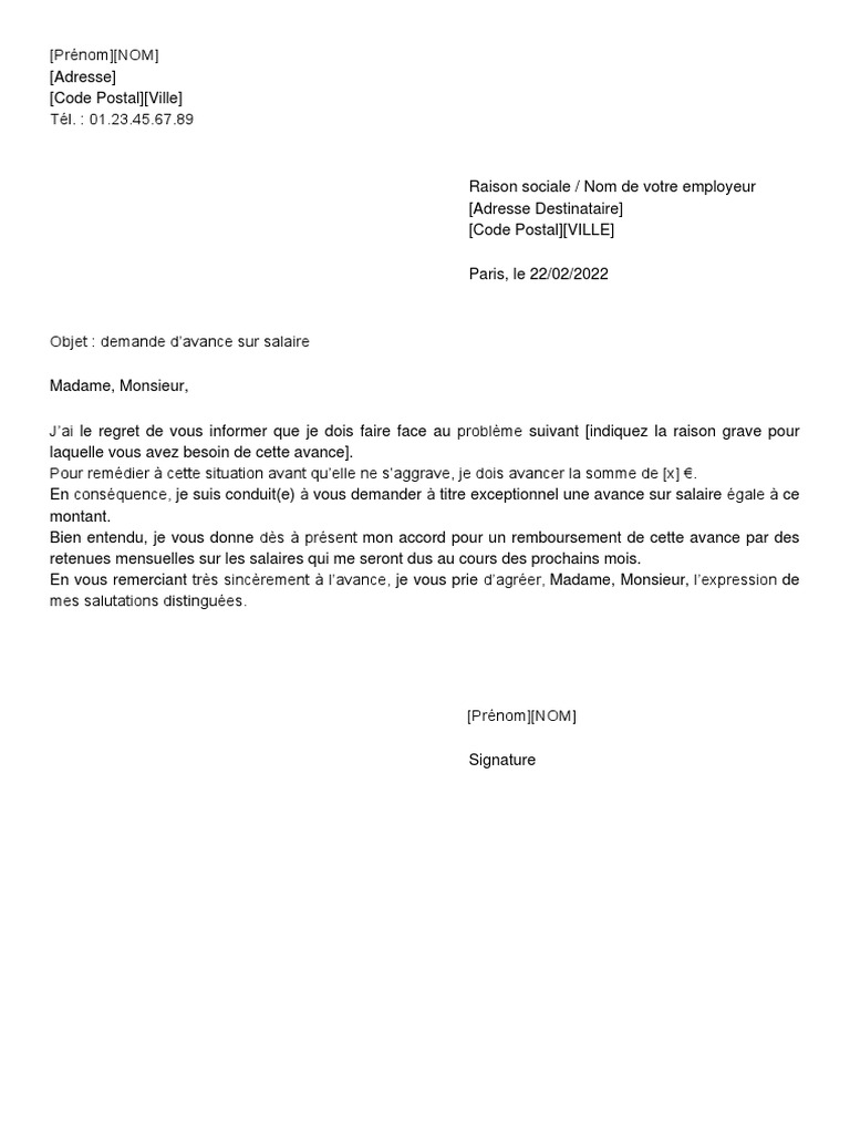 Lettre De Demande Daugmentation De Salaire Simple Pdf Demande D'avance Sur Salaire - Demander Une Avance Sur Salaire | PDF