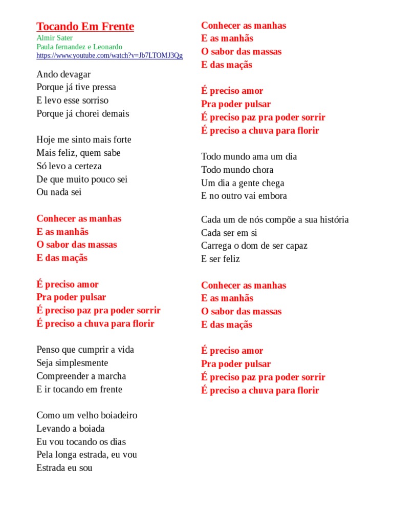 Letra da Música "Tocando em Frente" | PDF