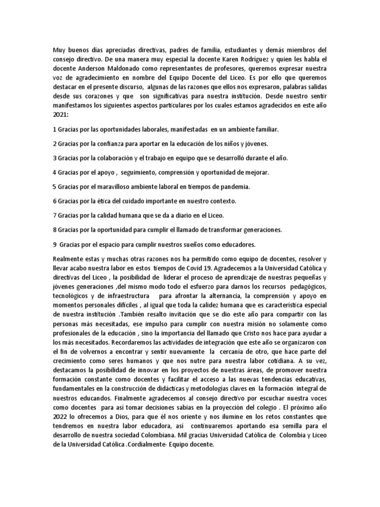 Agradecimiento del Equipo Docente 2021 | PDF | Maestros | Cognición