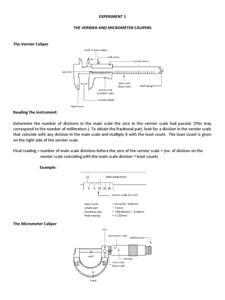 Experiment 1 The Vernier and Micrometer Calipers The Vernier Caliper