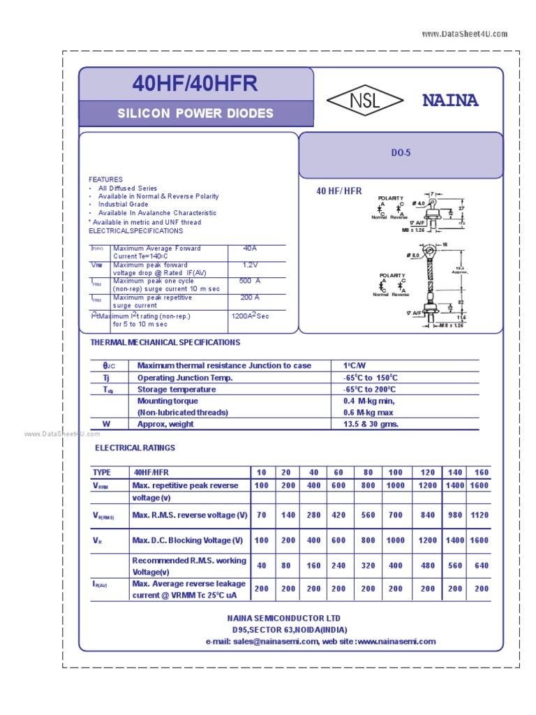 40HF160 NainaSemiconductor | Download Free PDF | Diode | Manufactured Goods