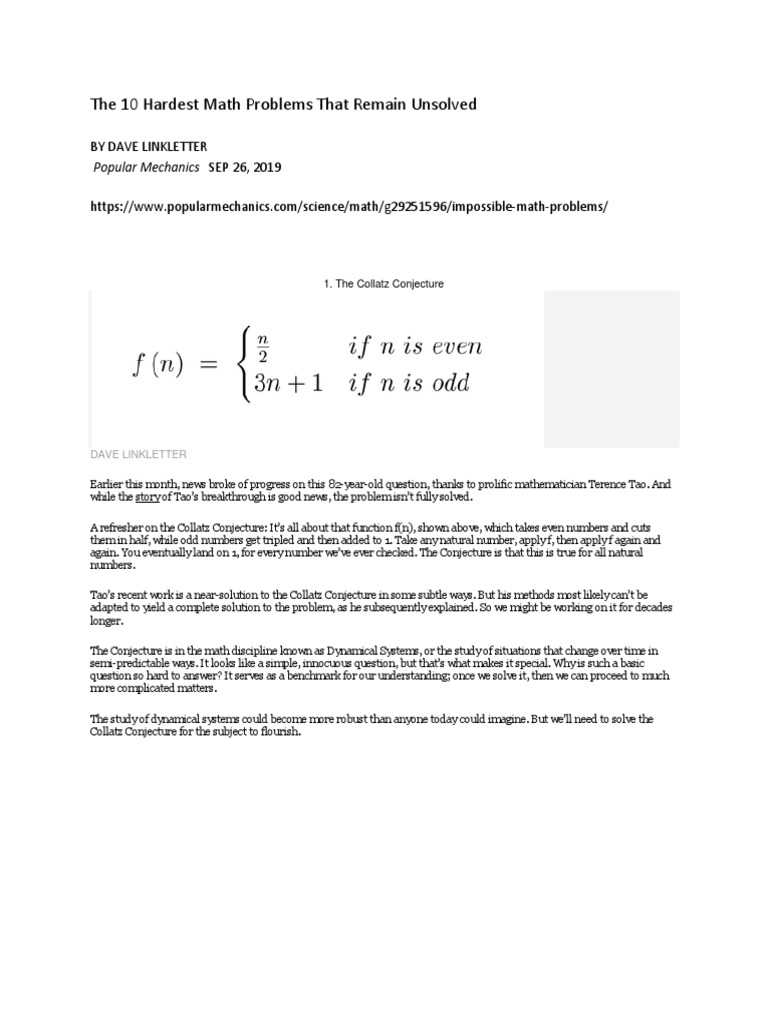 The 10 Hardest Math Problems That Remain Unsolved: by Dave Linkletter ...