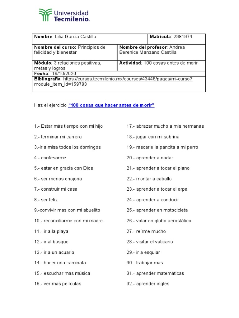 100 Metas para Cumplir en la Vida | PDF