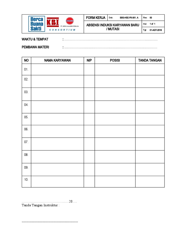 Form Induksi Karyawan Baru 001 | PDF