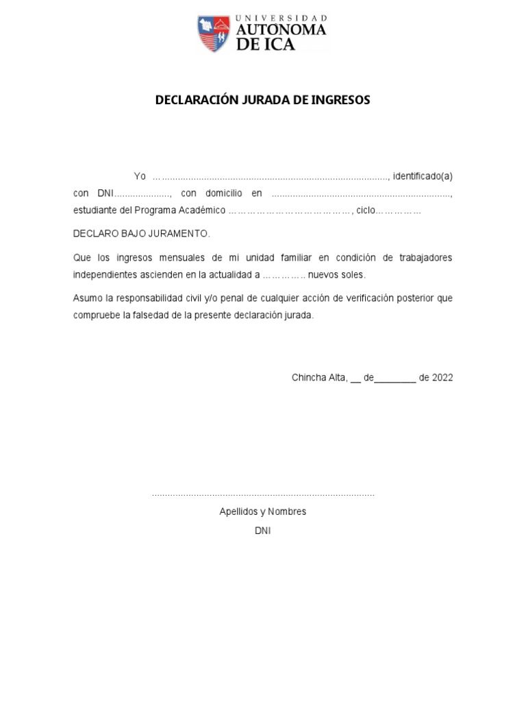 Declaración Jurada de Ingresos | PDF