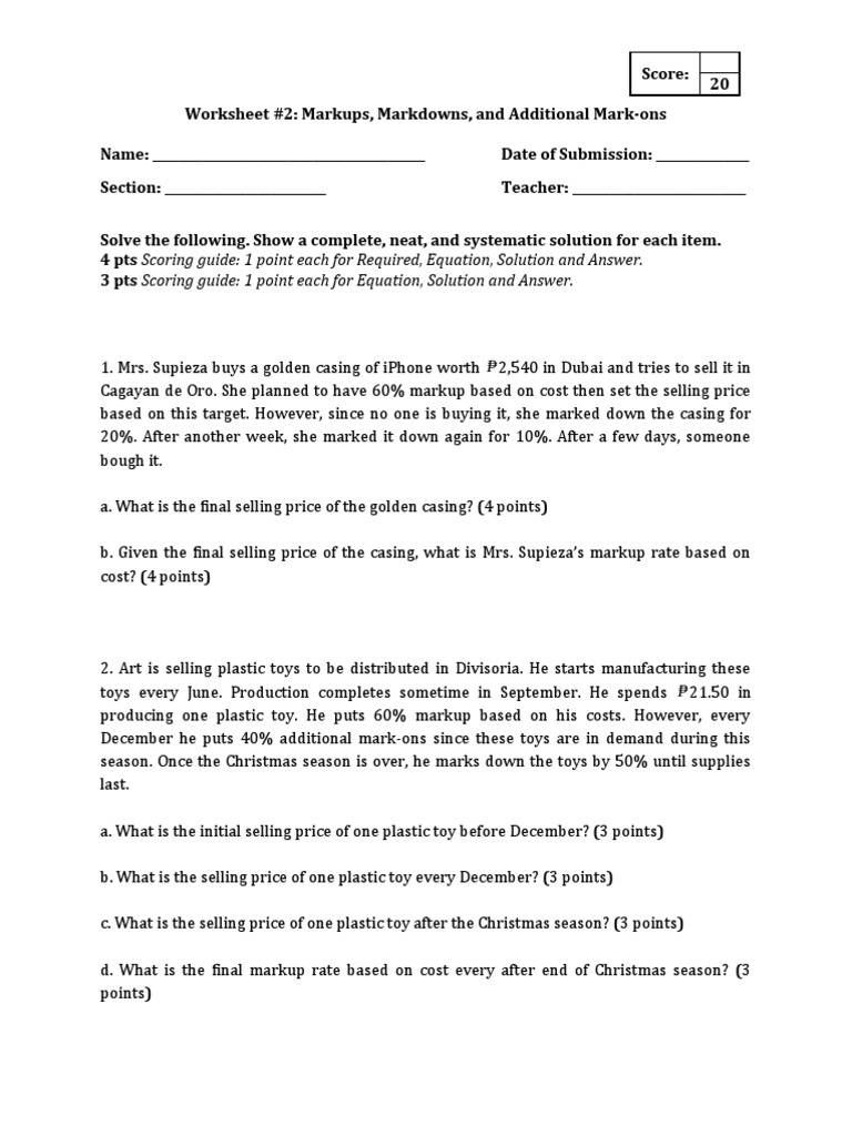 Markups and Markdowns Worksheet | PDF