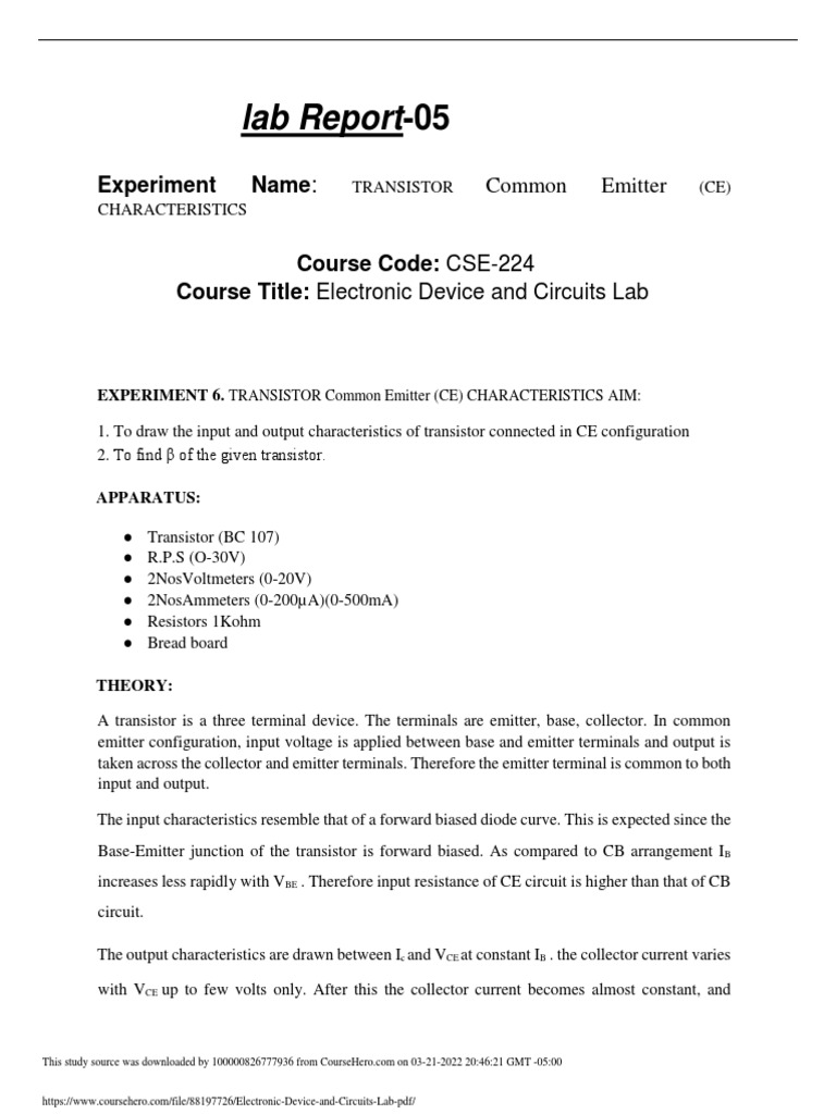 Lab Report05 Experiment Name PDF Bipolar Junction Transistor