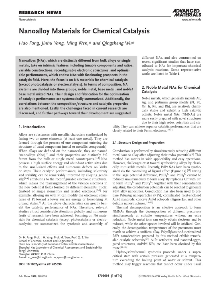 Nanoalloy Materials For Chemical Catalysis: Hao Fang, Jinhu Yang, Ming